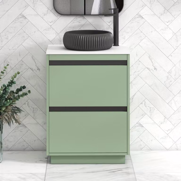 Royal Bathrooms Orion 600mm Mint Sage Floor Standing 2 Drawer Vanity Unit with Milan Black Basin and Black Accent Trim
