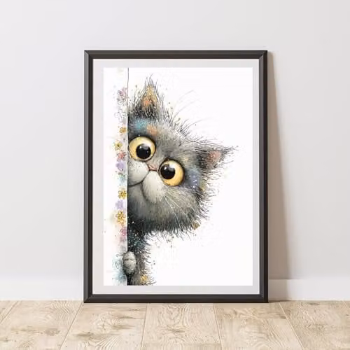 60 Second Makeover Peeking Cat and Floral Print Poster, Black and Multicolour, A3