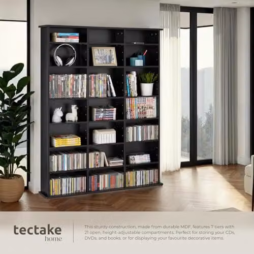 tectake CD Storage Unit in Black with Adjustable Shelves, H 136.5 x W 105.5 x D 19.0 cm – 5