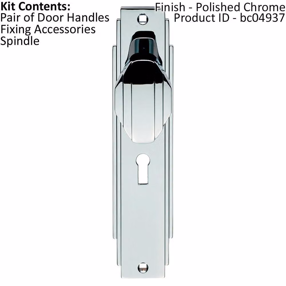 Loops PAIR Line Detailed Door Knob on Lock Backplate, Polished Chrome, W: 20.5 cm, H: 4.5 cm, D: 2.0 cm – 2