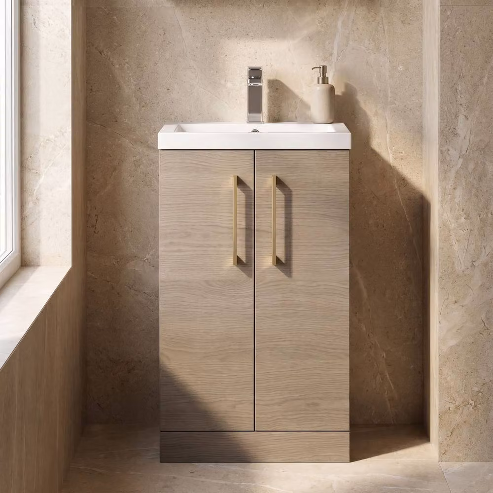 Balterley Mid Oak Brown Freestanding Bathroom Vanity Unit with Soft Close Hinged Doors and Brushed Brass Handles, Width: 50 cm – 2