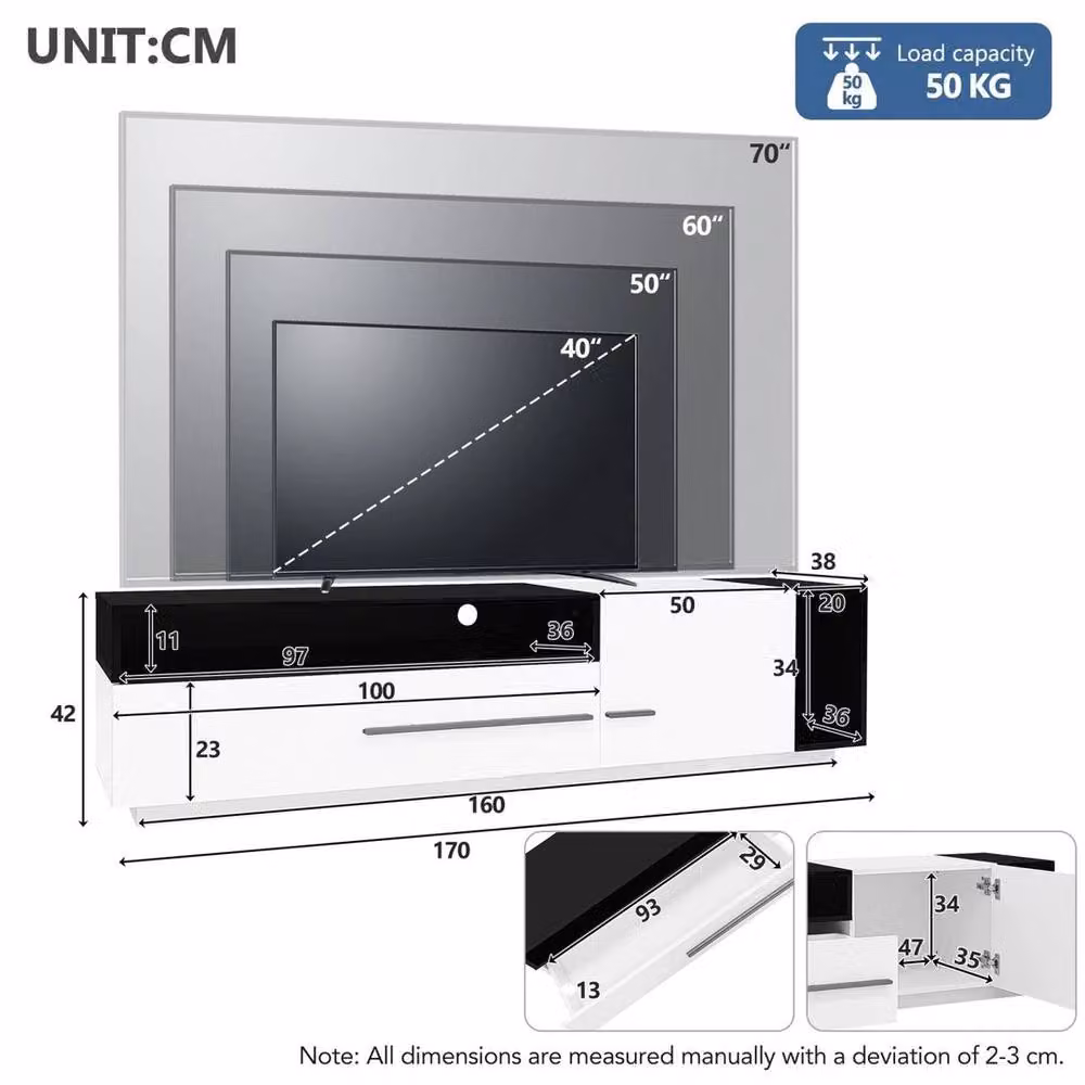PAWNORA Modern TV Unit Stand and Sideboard in White, W: 170 cm, D: 38 cm, H: 42 cm – 2