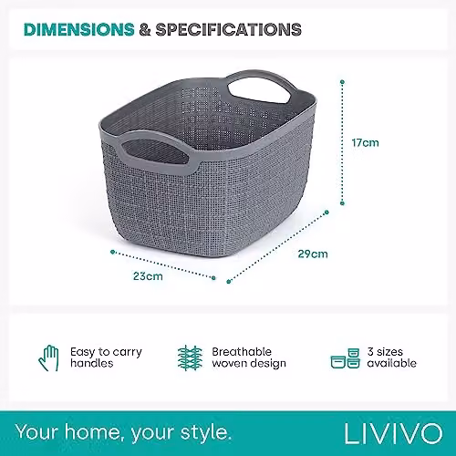 LIVIVO Grey Open Weave Stackable Storage Basket with Handles, 11 Litres – 6