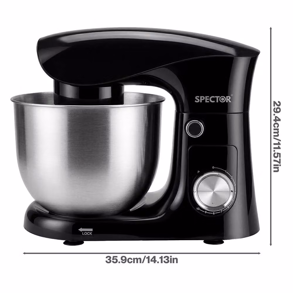 Spector 1500W Tilt-Head Electric Stand Mixer in Black with 5L and 4.5L Stainless Steel Bowls, 10-Speed Settings and Dough Hook, Whisk and Beater – 4