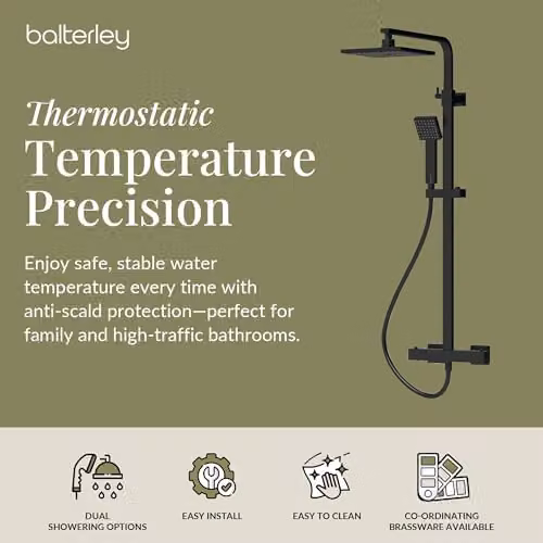 Balterley Thermostatic Rainfall Shower Mixer Kit with Square Overhead Shower, Handset and Adjustable Riser Rail, Matt Black, H x W x D: 120 x 20 x 46.5 cm – 2