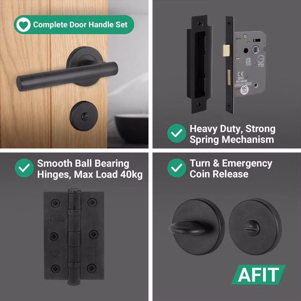 AFIT Matt Black Stainless Steel Return to Door Handles with Bath Lock and 64mm Hinges, W/D/H: 15 x 15 x 1.5 cm – 4