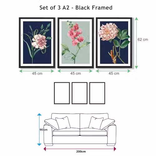 ARTZE Set of 3 Vintage Floral Wall Art Illustrations in Navy Blue and Sage Green with Black Frames, W: 45 cm, H: 62 cm, D: 2 cm – 3