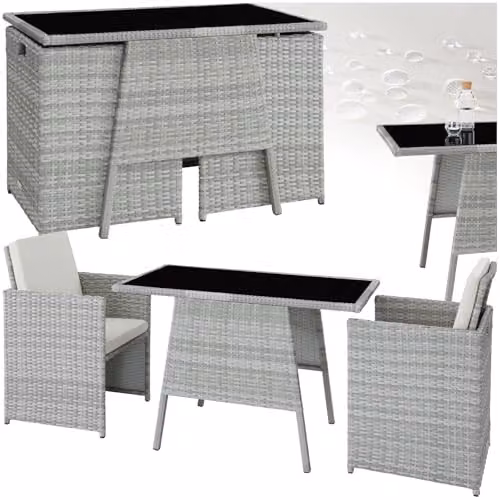 tectake Rattan Bistro Set with 2 Chairs and 1 Glass Top Table in Light Grey – 1