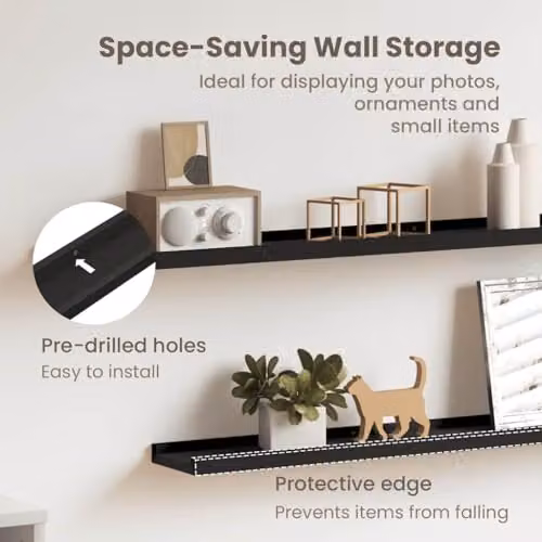 vidaXL Set of 2 Black MDF Picture Frame Ledge Shelves, W: 80 cm, D: 9 cm, H: 3 cm – 4