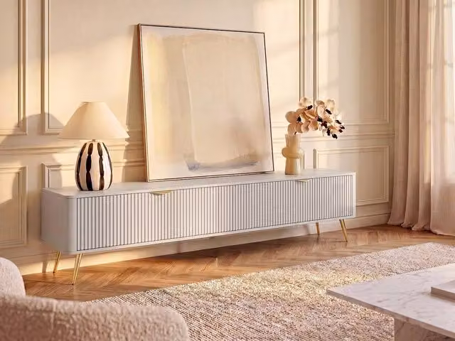 Vente-unique ELONARIA Modern TV Unit with 2 MDF Doors in Beige and Gold
