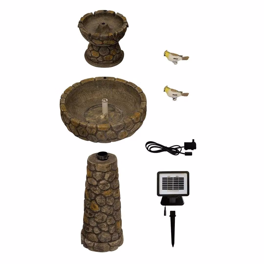 Primrose Cobbled Solar 2-Tier Bird Bath Cascade Water Fountain in Stone Colour, Height: 68 cm – 2