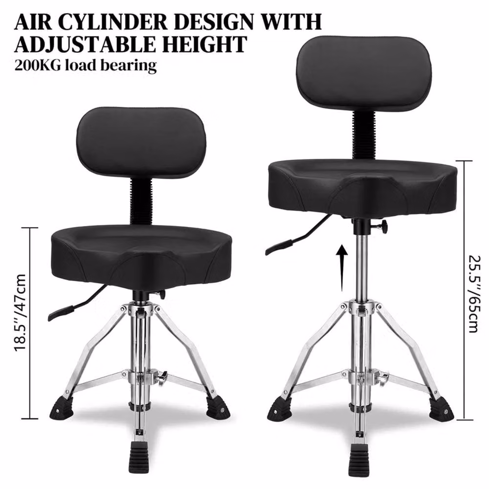 VOGREX Black Adjustable Hydraulic Drum Stool with Backrest and Matt Metal Finish – 5