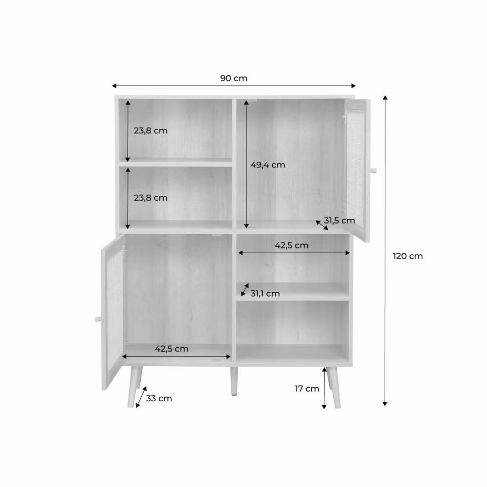Sweekeet 4-Door Boho Sideboard with Rattan and Glass Details in Light Brown, W/D/H: 120 x 35 x 90 cm – 2