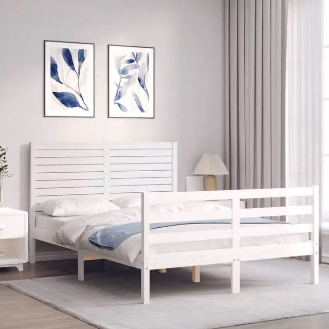 Berkfield Home Beautiful Double Bed Frame with Headboard in White Solid Pine Wood, W/D/H: 140.5 x 200 x 100 cm – 1