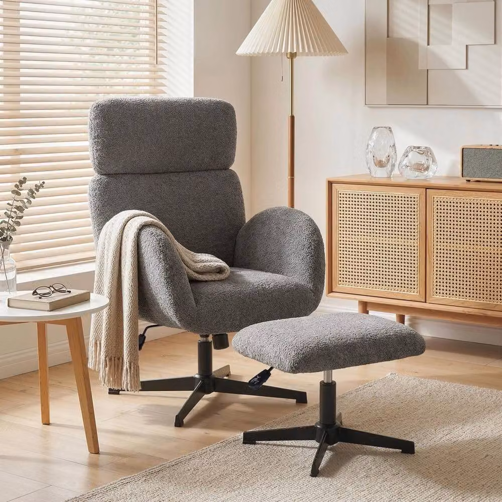 VOGREX Grey Velvet Swivel Rocking Accent Armchair with Integrated Footstool – 2