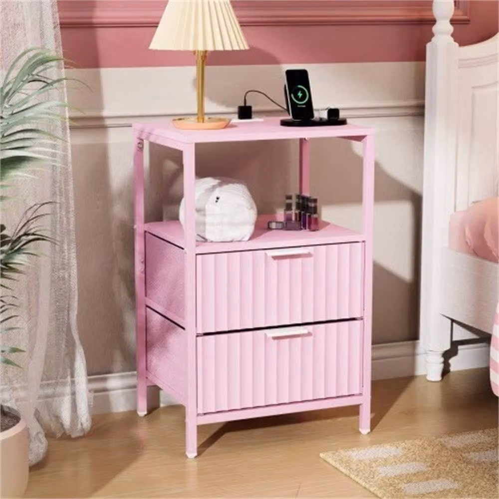 VOGREX Pink Bedside Table with 2 Drawers and Charging Station – 4