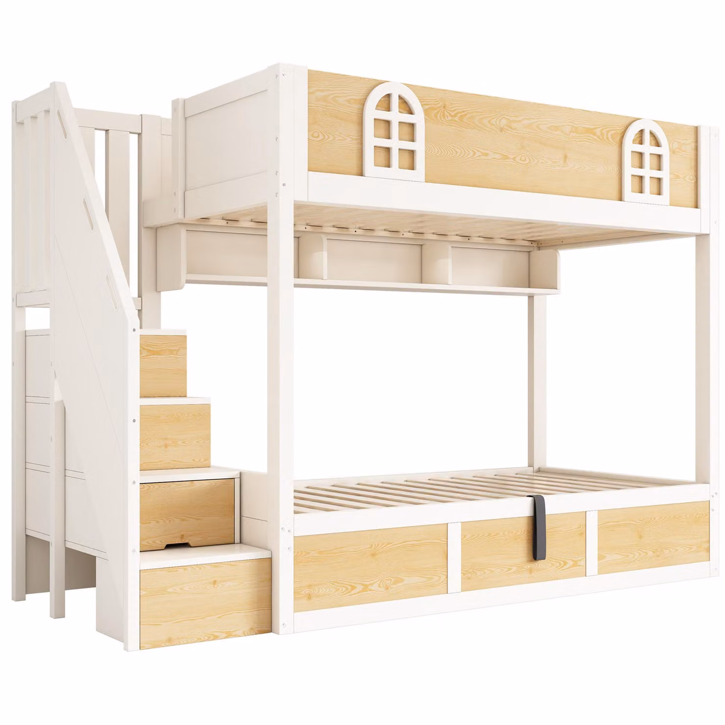 Aosom UK Cabin-Style Bunk Bed with Staircase Cabinet and Underbed Storage for Kids, Natural and White, W/D/H: 243 x 95 x 152 cm – 2