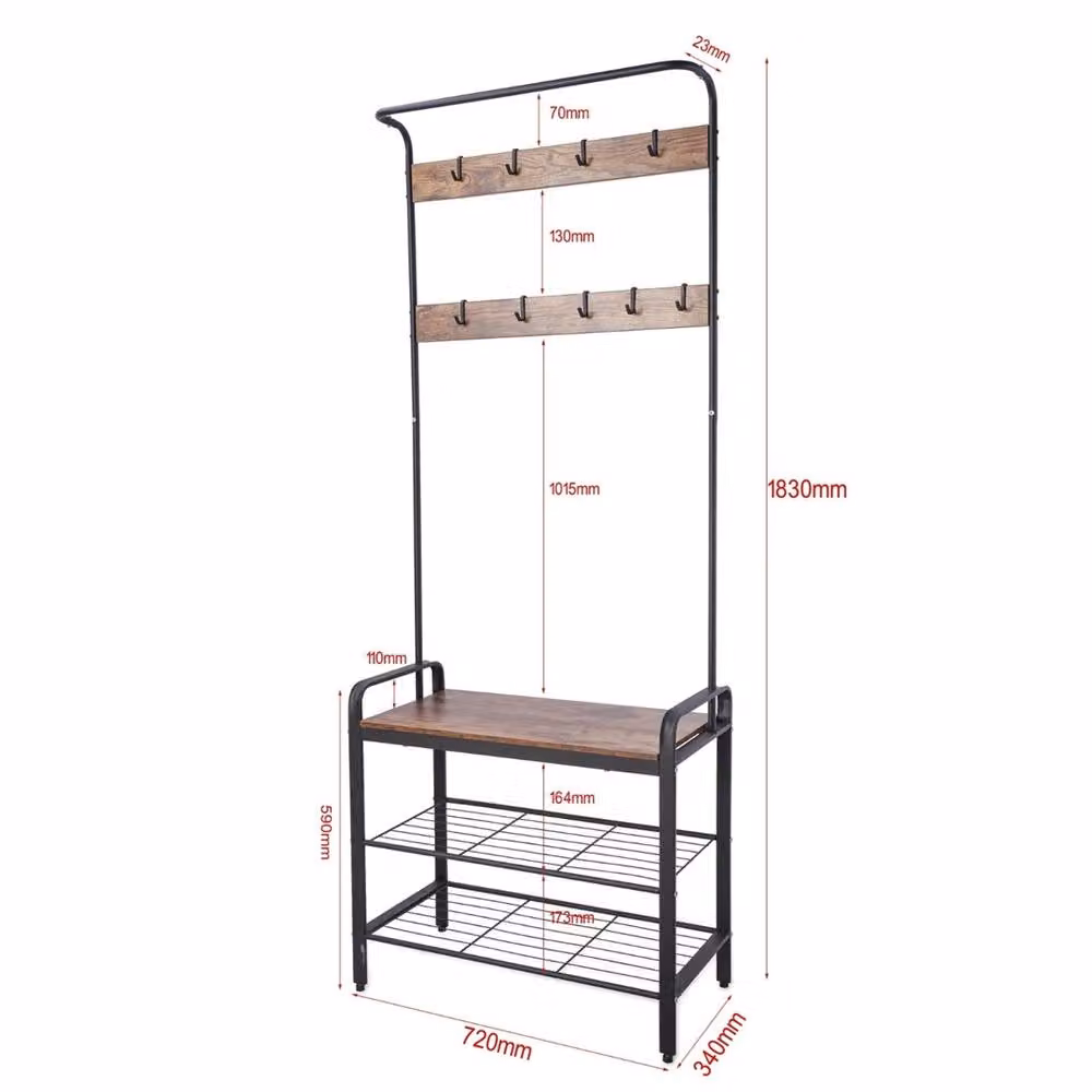 Kelvenix Hall Tree with Bench and Coat Hanger Hooks, Black Metal Storage Display Rack, H 183 x W 72 x D 34 cm – 2