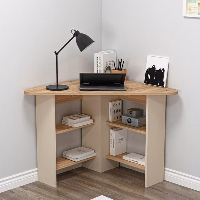 Destina Home Modern Corner Computer Desk with Shelves in Beige – 1