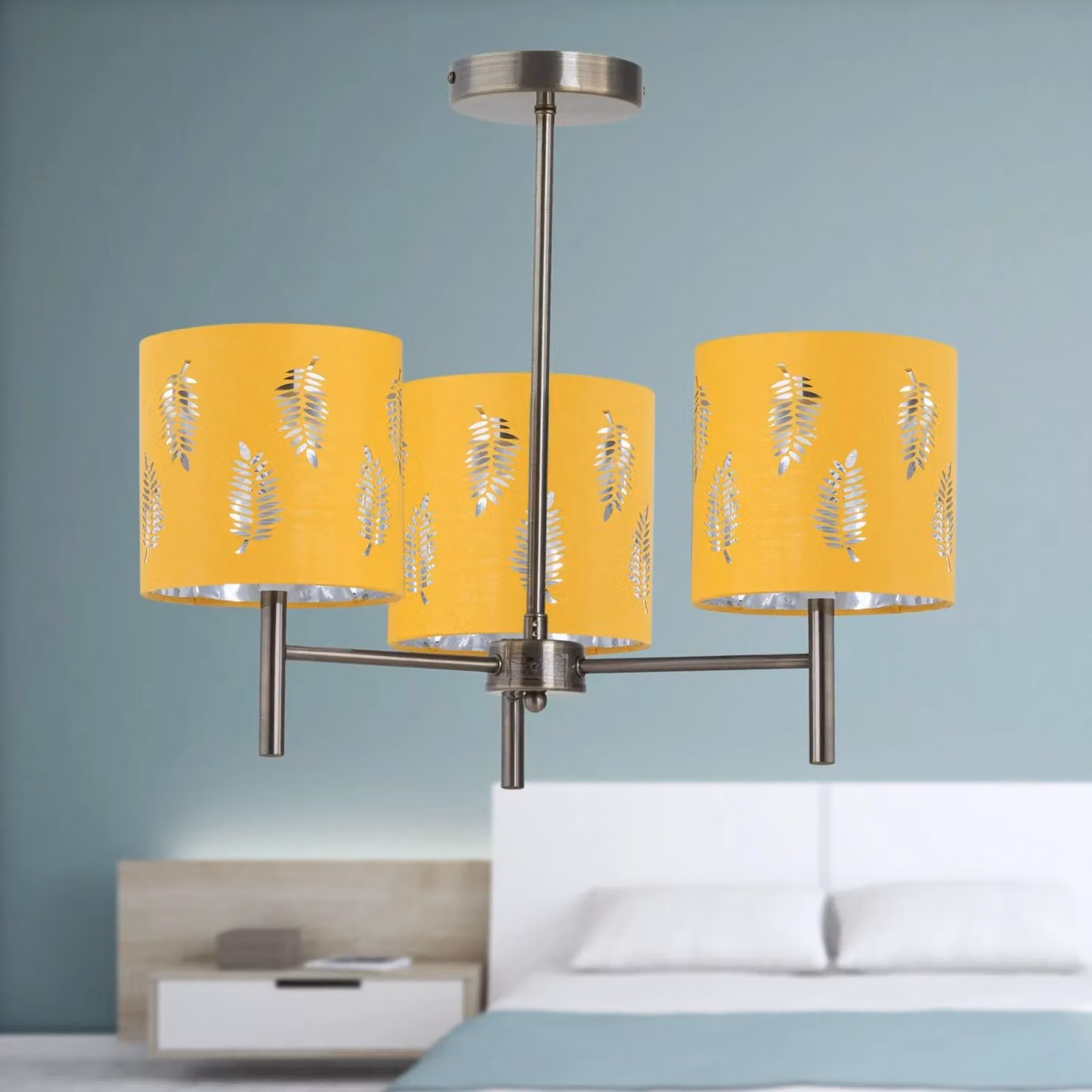 First Choice Lighting Brea 3 Light Ceiling Fitting in Antique Brass with Ochre Fabric Shades – 3
