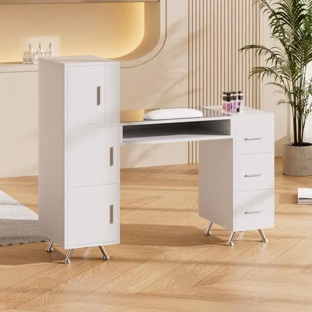 Livingandhome Modern White Manicure Table with Tempered Glass Top