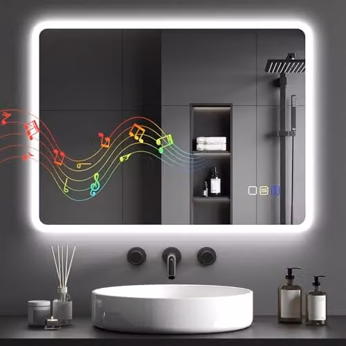 HOMCOM LED Bluetooth Bathroom Mirror, Silver and White, W: 60 cm, H: 80 cm, Dimmable and Shatterproof – 1