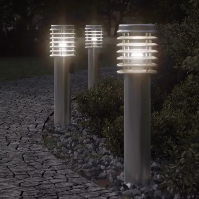 Berkfield Home Set of 3 Silver Stainless Steel Outdoor Floor Lamps with Outlet, Height: 60 cm