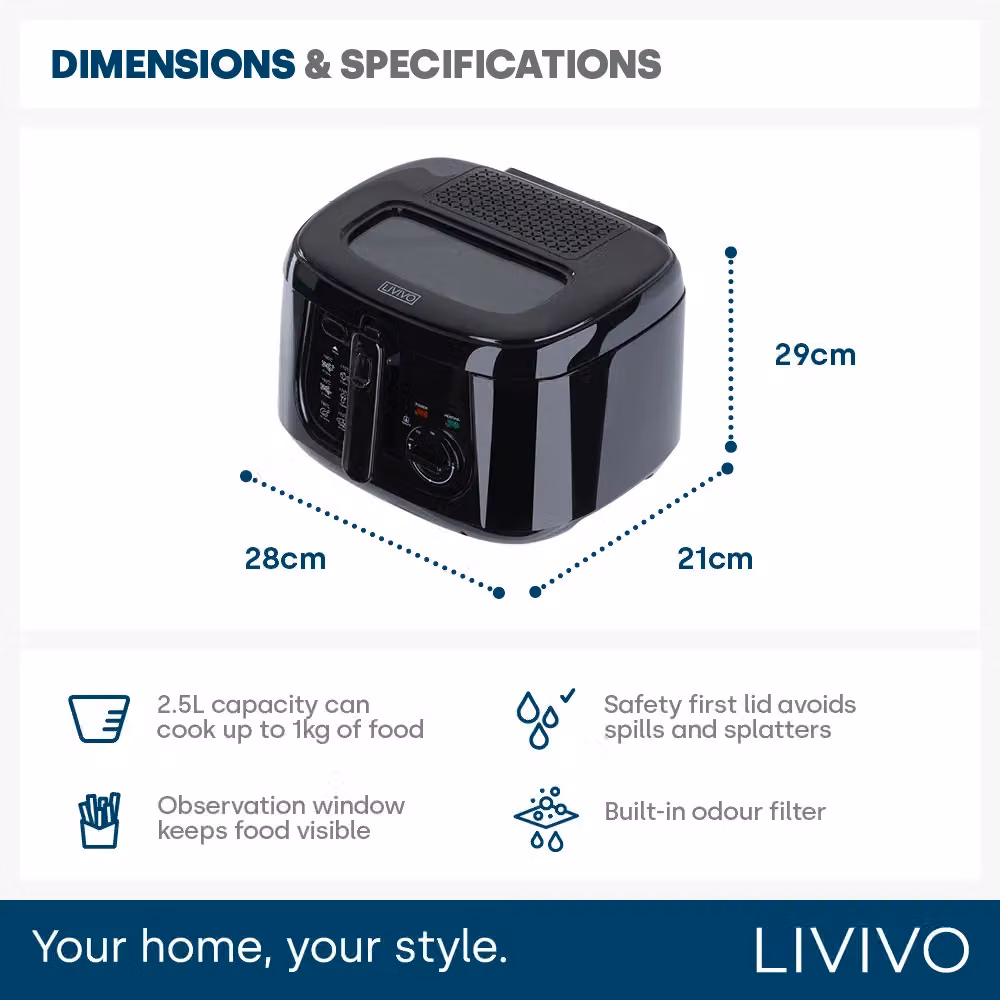 LIVIVO 2.5L Electric Deep Fat Fryer in Black with Viewing Window – 8