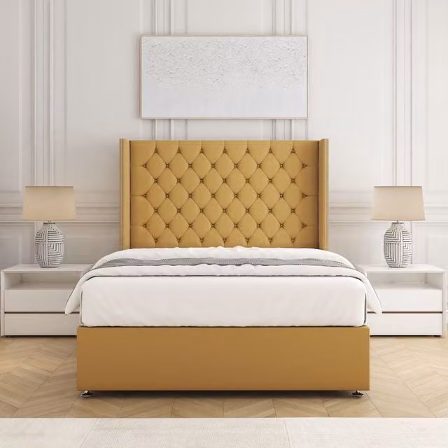 BSSPOKE Olivia Plush Velvet Divan Bed Set with Headboard and Mattress, Yellow, W/D/H: 180 x 200 cm