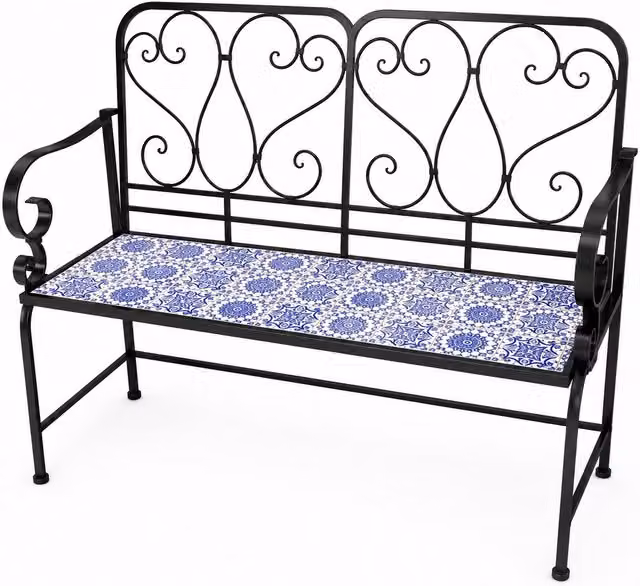 Shatchi Porto Mosaic 2 Seater Garden Bench with Black Metal Frame and Geometric Ceramic Tile Seat