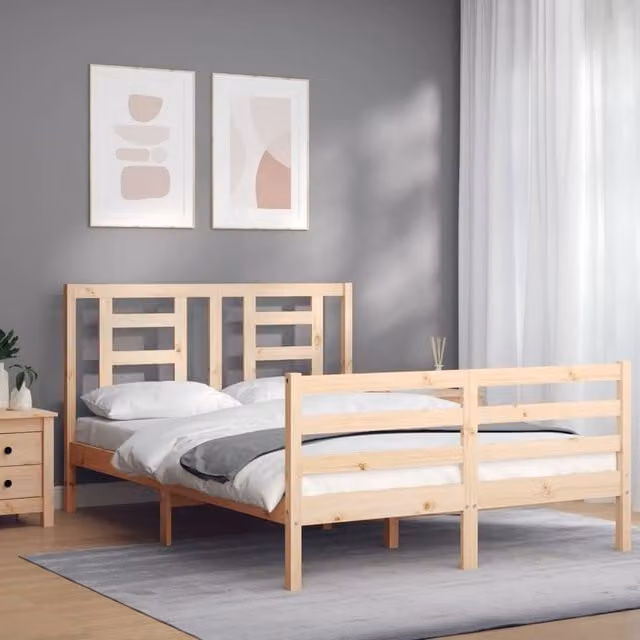Berkfield Home Solid Wood Bed Frame with Headboard in Brown Pine, W: 140 cm, L: 200 cm