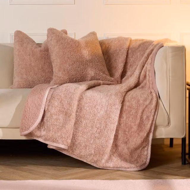 OHS Pack of Teddy Marl Fleece Textured Square Cushion Covers in Pink