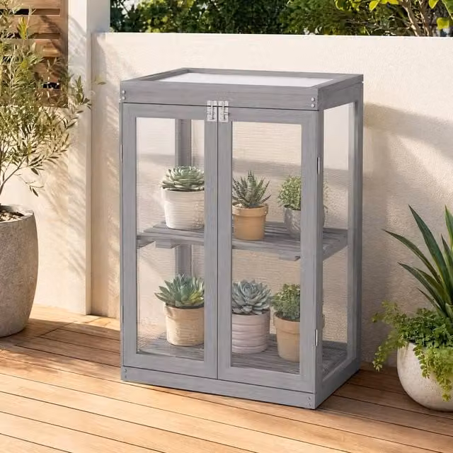 STILVORA Grey Wooden Cold Frame Greenhouse with Shelves and Polycarbonate Panels, W/D/H: 78 x 58 x 44 cm – 1