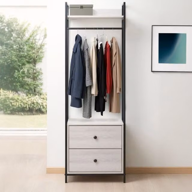 Swish Furniture Alva Open Wardrobe with 2 Drawers and Hanging Rod in White Oak and Black Industrial Style