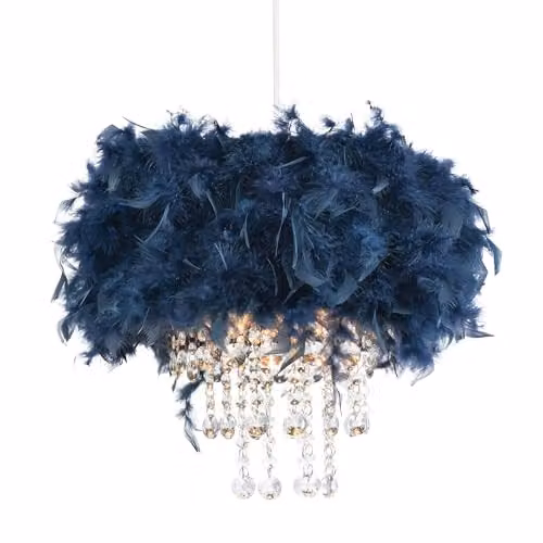 Happy Homewares Navy Blue Feather Chandelier Pendant Light Shade with Transparent Acrylic Droplets, Diameter: 32 cm