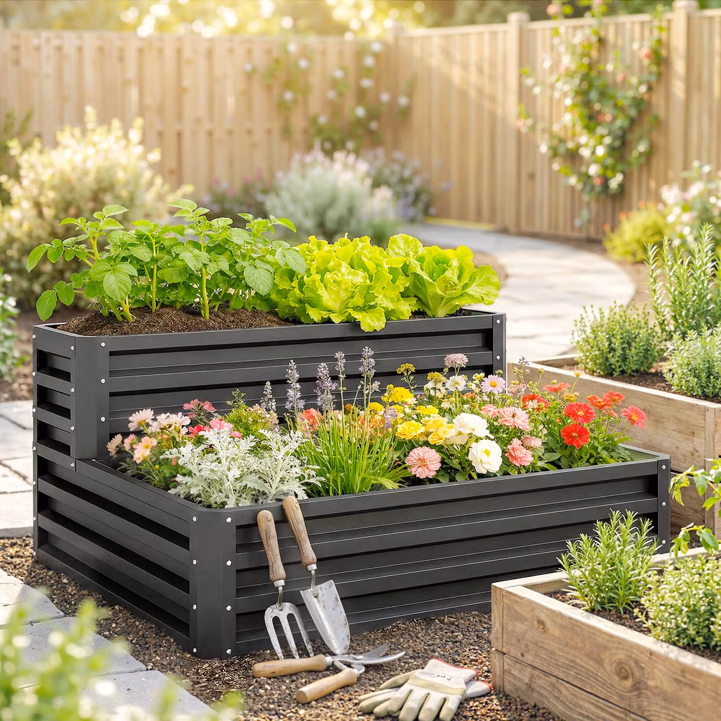 Outsunny 2 Tier Galvanised Steel Raised Garden Bed in Dark Grey, W/D/H: 120 x 101 x 58 cm – 2