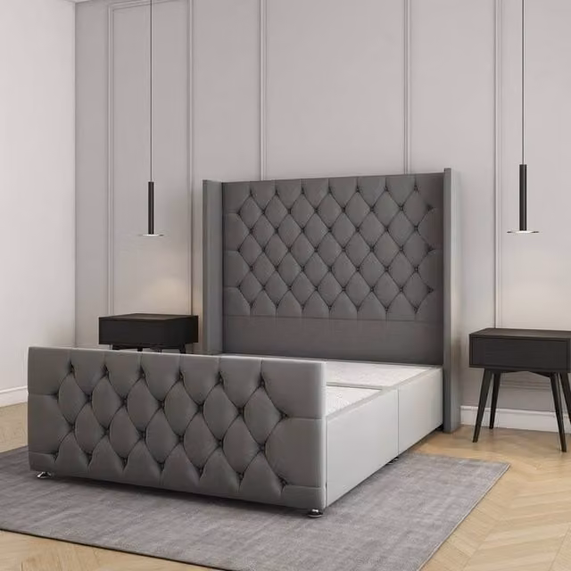 Regional Furnishings Grey Velvet Plush Divan Bed Set with 54 inch Headboard and 20 inch Footboard, Single, W: 90 cm, D: 200 cm