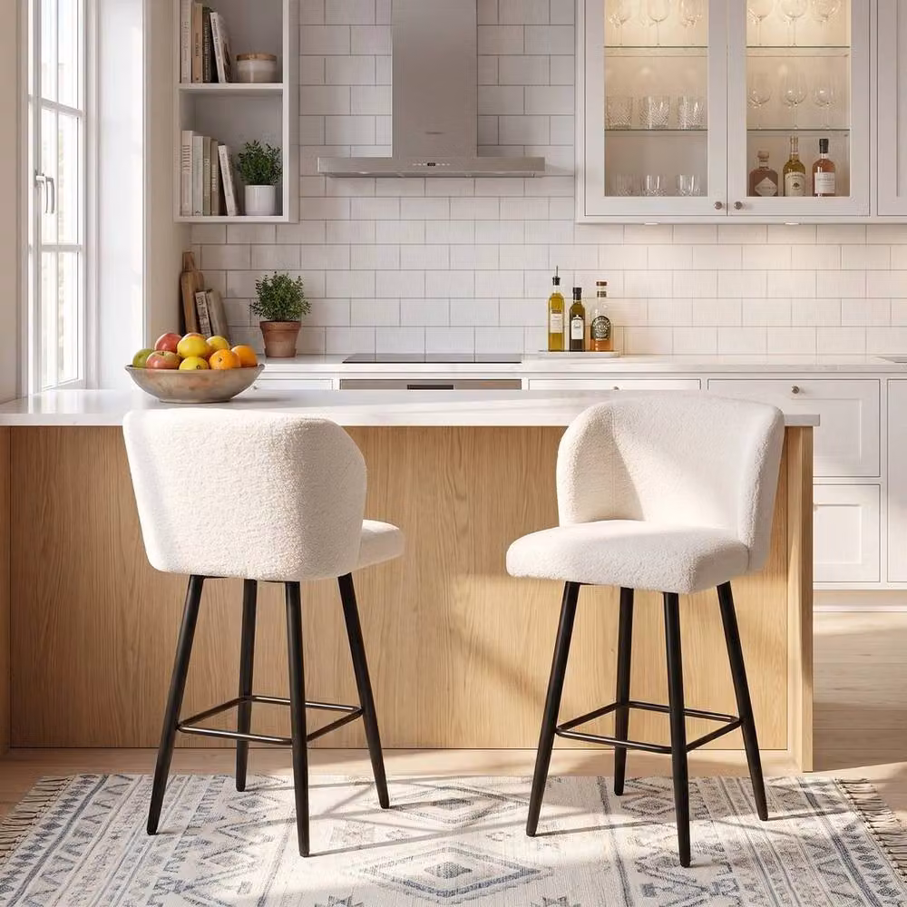 Kelvenix Set of 2 Beige Sherpa Fleece Upholstered Bar Stools with Metal Frame – 3