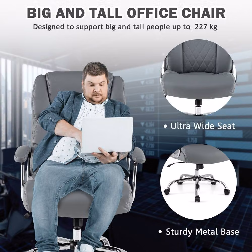 Costway Modern Grey PU Leather Executive Office Chair with Headrest and Armrests – 3