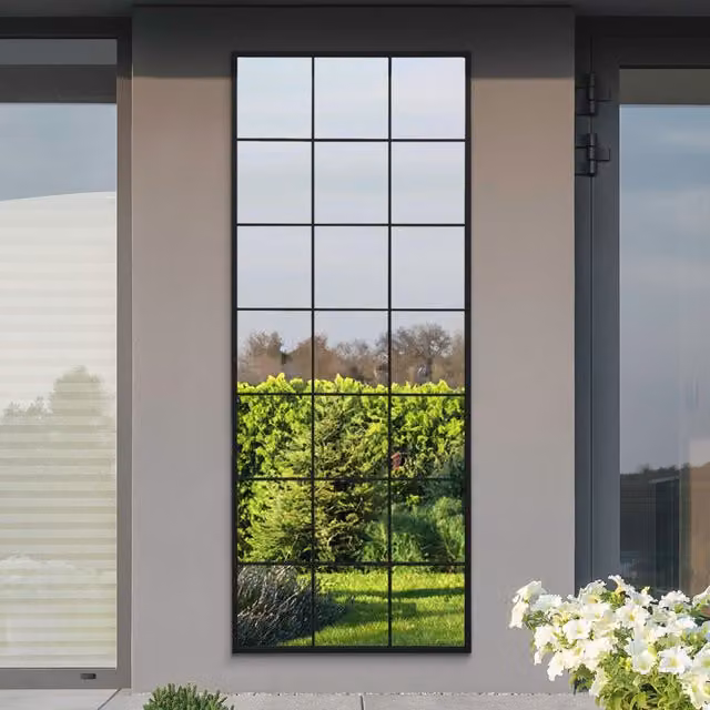 MirrorOutlet Genestra Modern Geometric Window Outdoor Garden Wall Mirror in Black