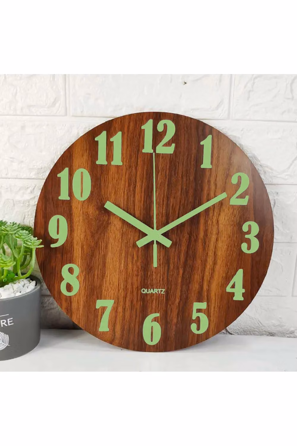 Living and Home Round Quartz Wall Clock with Illuminated Arabic Numerals in Brown Imitation Walnut Grain, Diameter: 30 cm – 2