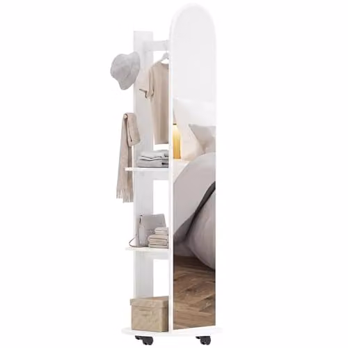 HOMCOM 2-in-1 Full Length Mirror with Storage Shelves and Wheels in White – 1