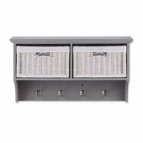 Statement Furniture Tetbury Wall Mounted Coat Rack with 2 Rattan Storage Baskets and 4 Hooks in Dove Grey, W78 x H43 x D28 cm