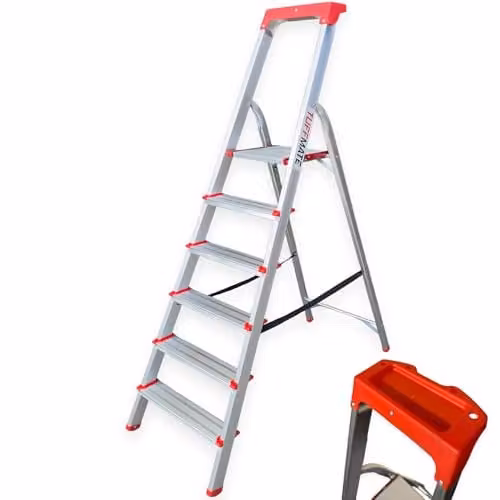 TUFFMATE 6-Step Aluminium Folding Ladder with Tool Tray and Rubber Feet, Silver, 150kg Max Load – 1