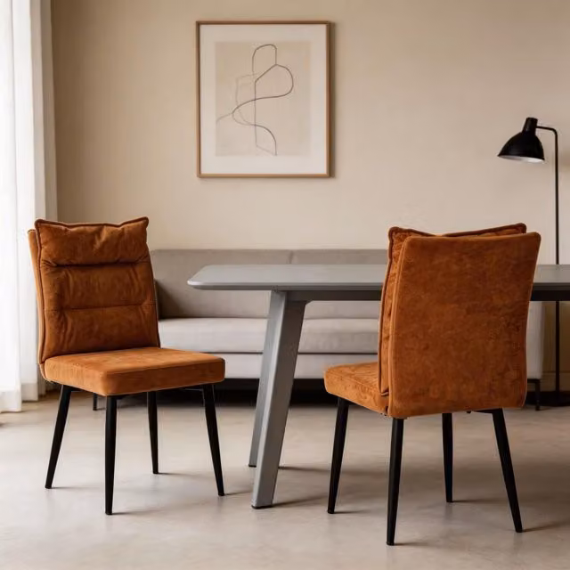 Furniture One Set of 2 Mustard and White Microfibre Upholstered Dining Chairs with Wood and Metal Legs