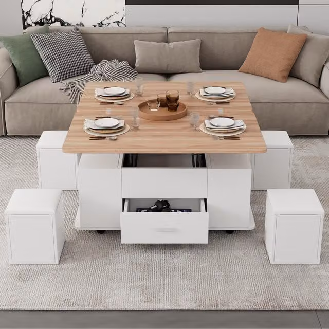 Aosom UK Extendable Coffee Table with Hydraulic Lift and 4 Hidden-Storage Stools, White and Natural, W: 100 cm, D: 50 cm, H: 45 cm – 1