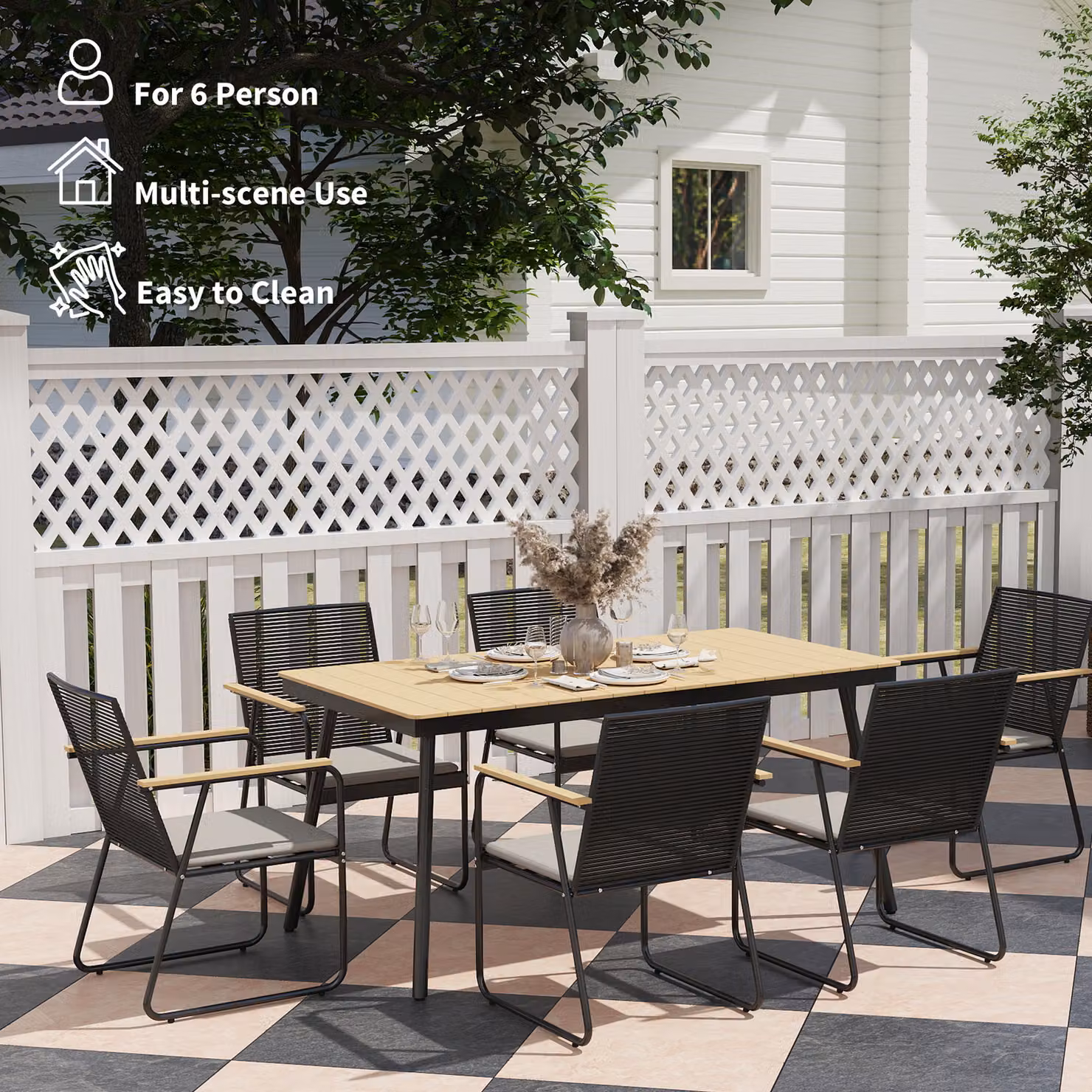 Outsunny 6 Seater Garden Dining Set in Brown with Rattan Backrests and Rectangular Composite Table – 4