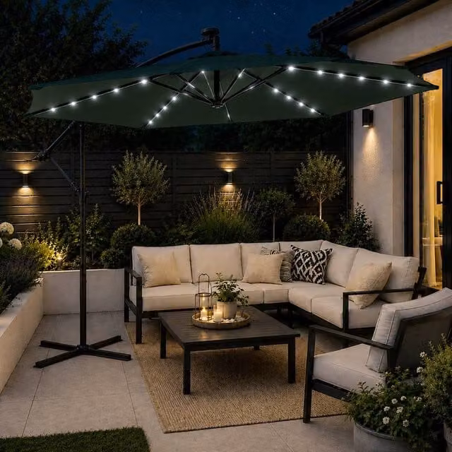 Samuel Alexander 3m Solar Powered Cantilever Banana Garden Parasol with White LED Lights in Green