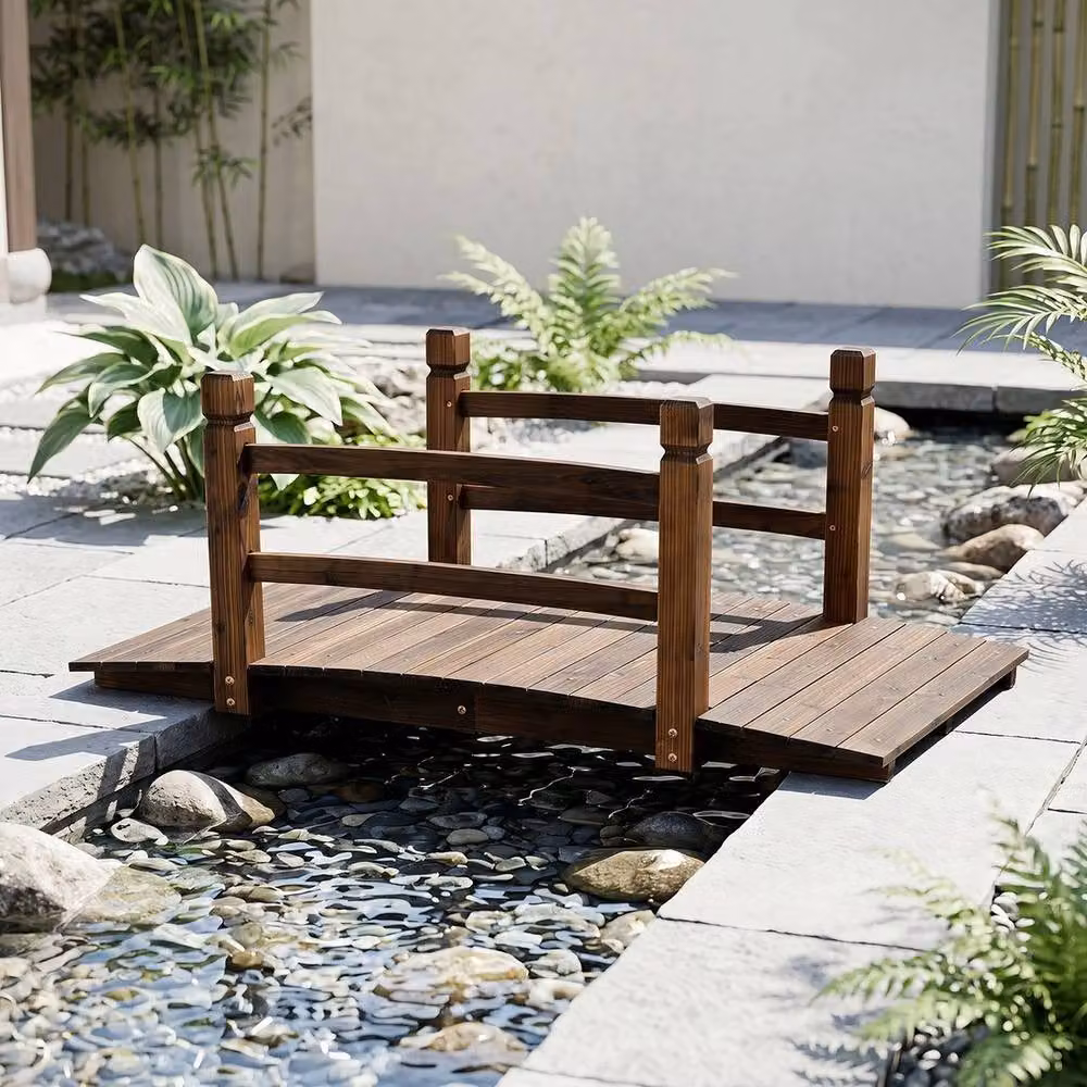 NESTLUNE Brown Wooden Decorative Outdoor Walkway Garden Bridge – 5