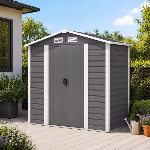 STILVORA Modern Steel Garden Shed in Dark Grey with Double Sliding Doors, W/D/H: 213.4 x 121.9 x 194.0 cm – 1